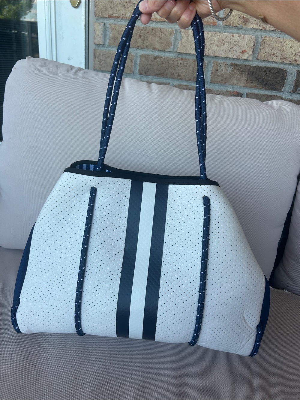 HAUTE SHORE White and Navy Perforated Tote with Striped Detail
